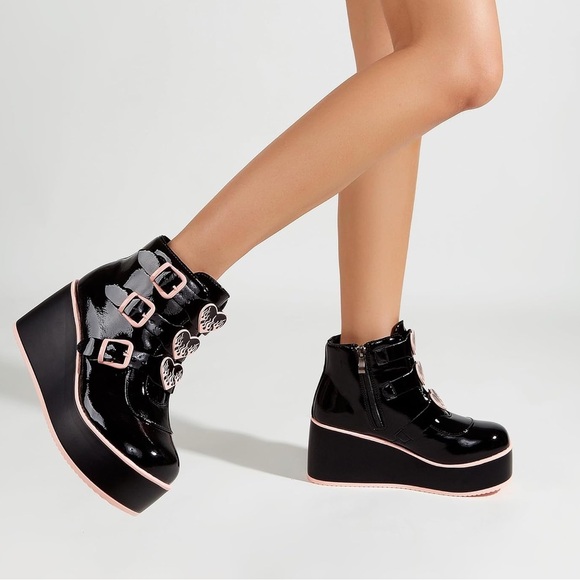 LUCKY STEP Women Platform Chunky Ankle Heart Goth Booties - Picture 1 of 12